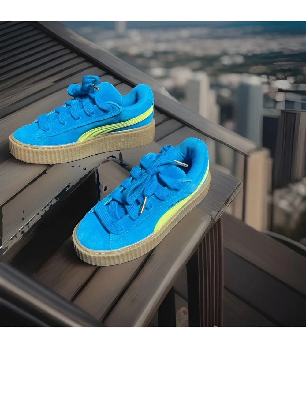 Puma Fenty Creeper Wmns Bright Blue Suede Sneakers with Neon Lime Stripe